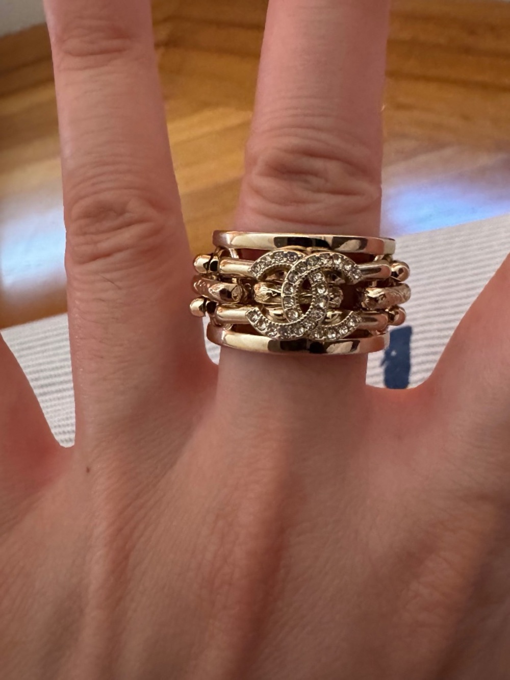 Super Rare New Classic Chanel CC Logo Crystal & Gold Ring Size 6.5